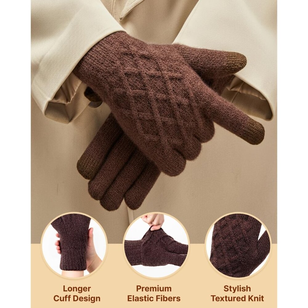 Women's Brown Wool Lining Cuffs Windproof Winter Warm Knit Cold Weather Gloves - Picture 2 of 6
